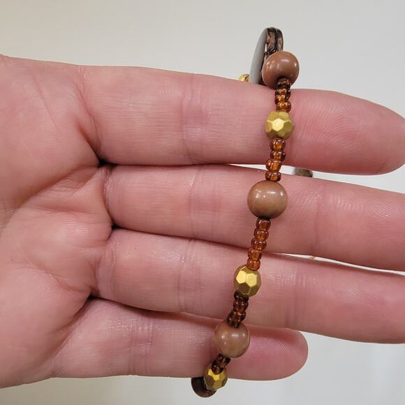 Brown and Gold Beaded Necklace with Round Accents Boho Earthy Seed Bead Jewelry - Picture 4 of 10